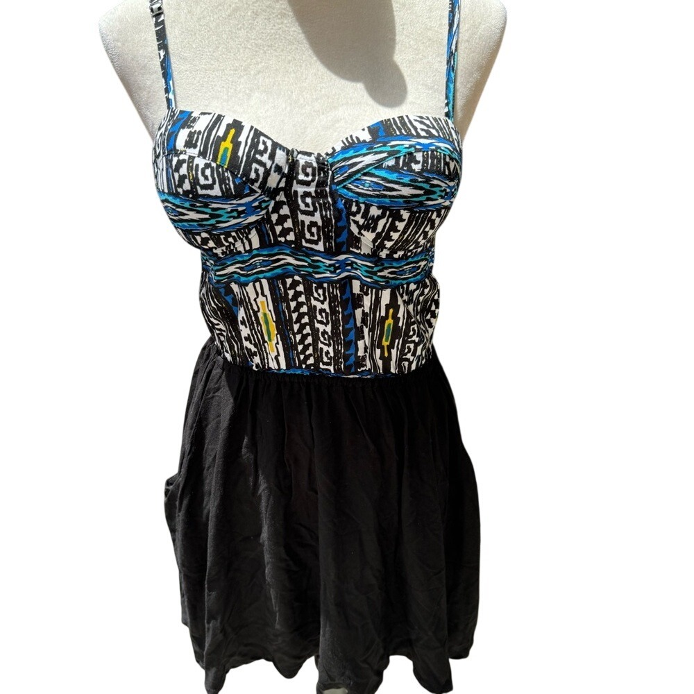 FOLLOW. NWT. M. Blue Tribal Printed mini, spaghetti strap dress. Hand made.